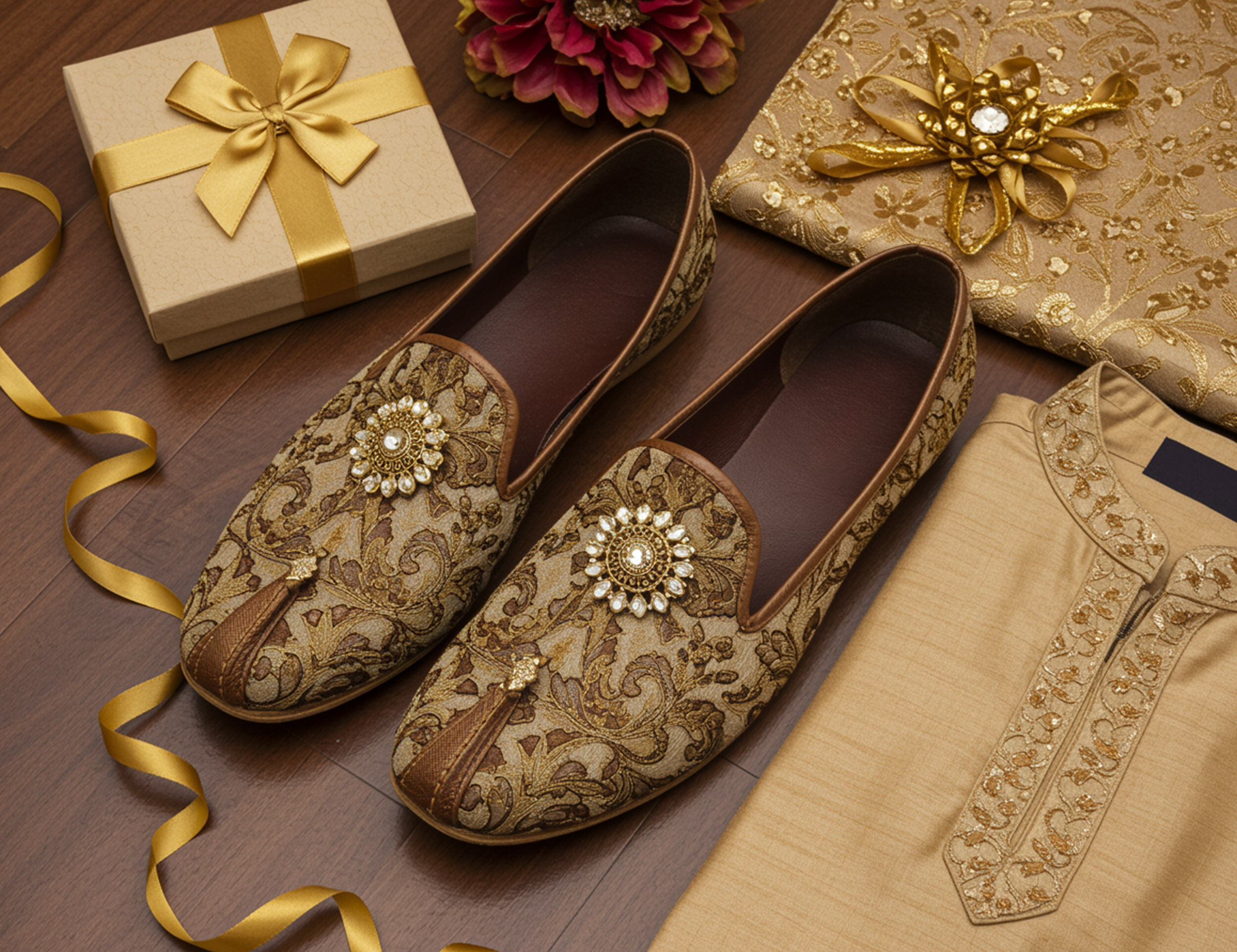 Luxurious golden gift box with a matching golden sherwani and golden juttis adorned with diamond detailing, an ideal wedding gift for the father-in-law.